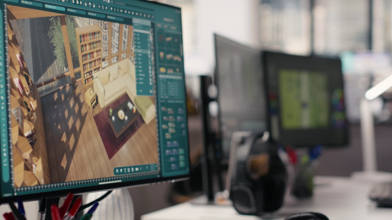 Empty PC workstation shows architectural design software for detailed floor plan