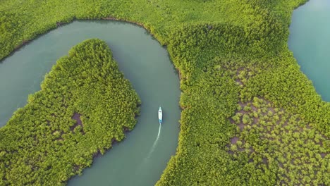 Increíble-Antena-De-Arriba-Hacia-Abajo-Sobre-Un-Bote-Pequeño-Que-Se-Mueve-A-Lo-Largo-Del-Río-Gambia-En-África-Occidental