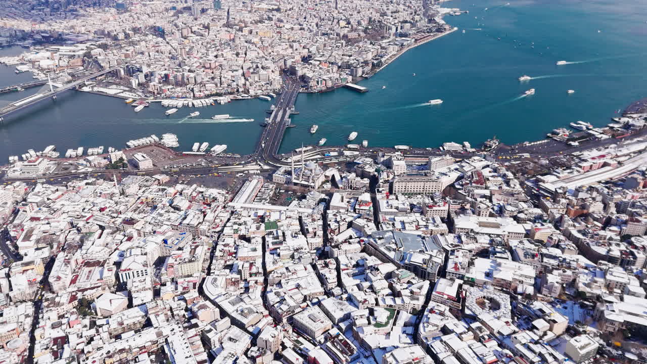 Aerial view of the snowy winter landscape of the Istanbul Bosphorus. Also included is Istanbul's historic Galata Bridge. 4K drone footage