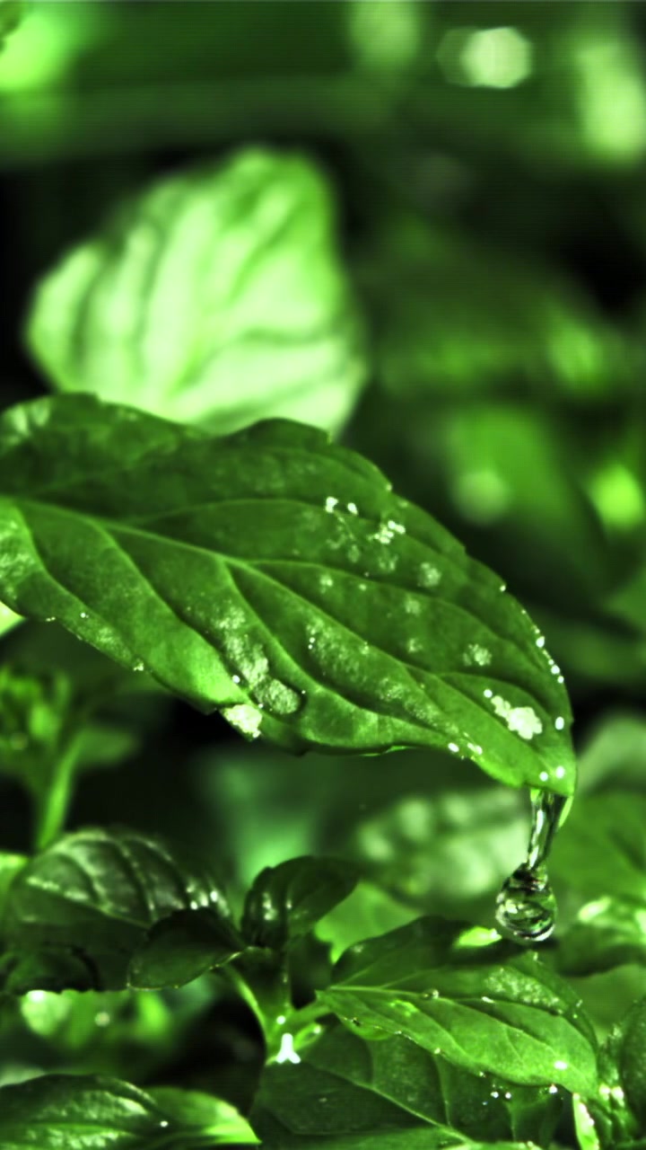 Gocce d'acqua al rallentatore che gocciolano da una foglia verde