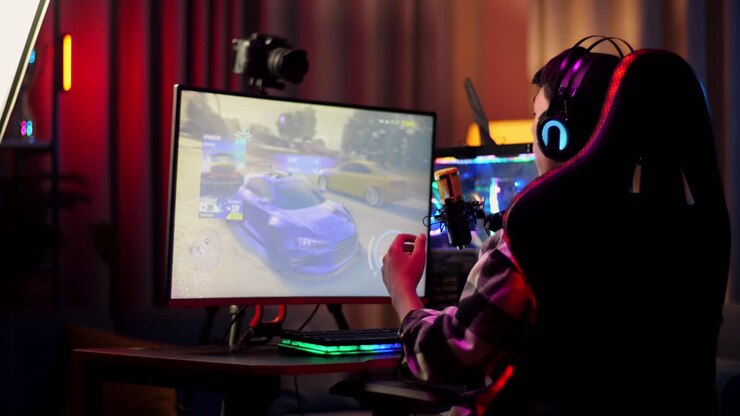Vista posteriore di un ragazzo streamer asiatico che gioca a un gioco di corse automobilistiche online su PC. Sfida e provoca il concorrente, trasmettendo il videogioco in live streaming, con la scrivania illuminata da una striscia LED RGB.