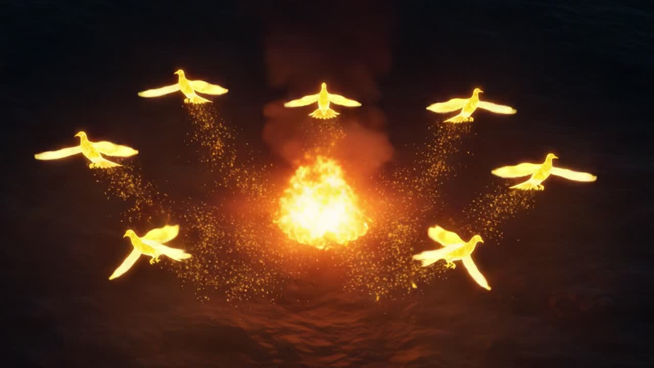 A Spectacular Display of Golden Birds Surrounding a Fiery Explosion: An Ethereal Scene of Light and Motion Capturing the Essence of Transformation and Energy