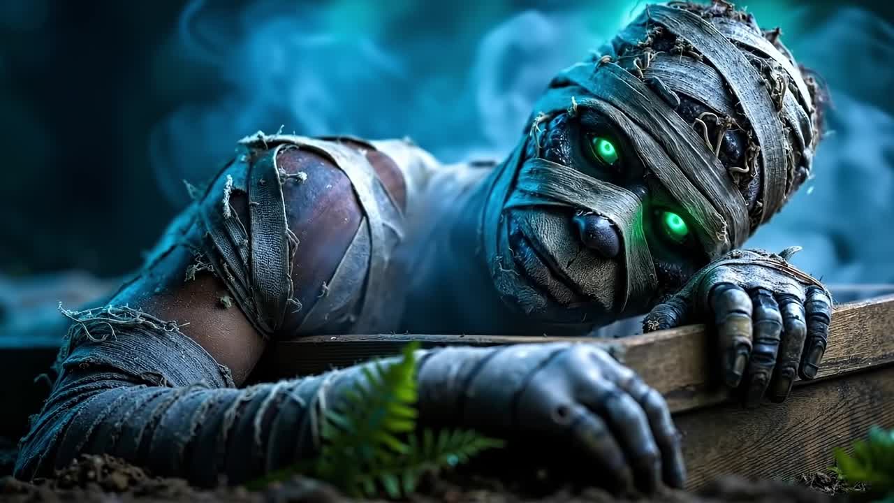 A man in a mummy costume with green eyes laying on the ground