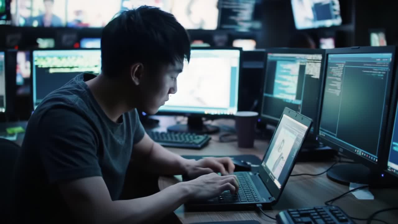 Focused Individual Engaged in Programming Tasks Amidst Multiple Monitors in a Dimly Lit Environment, Showcasing the Intensity of Modern Computing and Cyber Activities