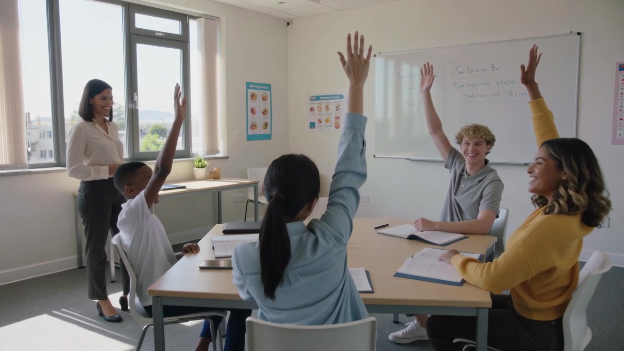 Asking question, teacher wearing blouse in class, students raising hands answering with notes