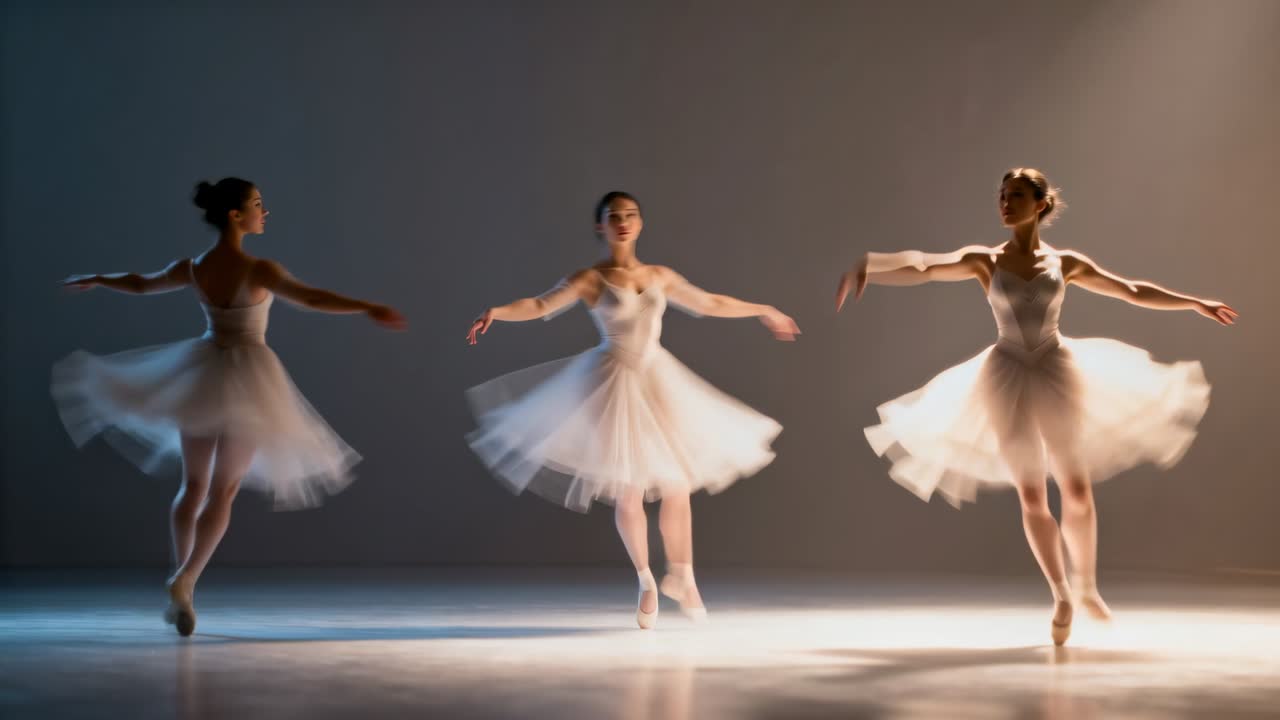 Tre ballerine che entrano dai lati e girano in punta sul palco, formando un trio con tutù e scarpette da punta.