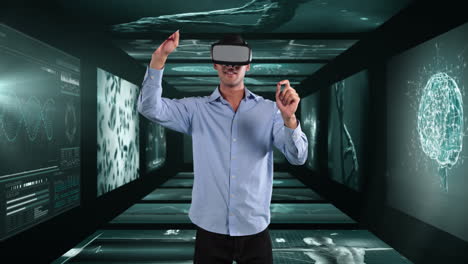 Animation of businessman wearing vr headset over screens with medical data processing