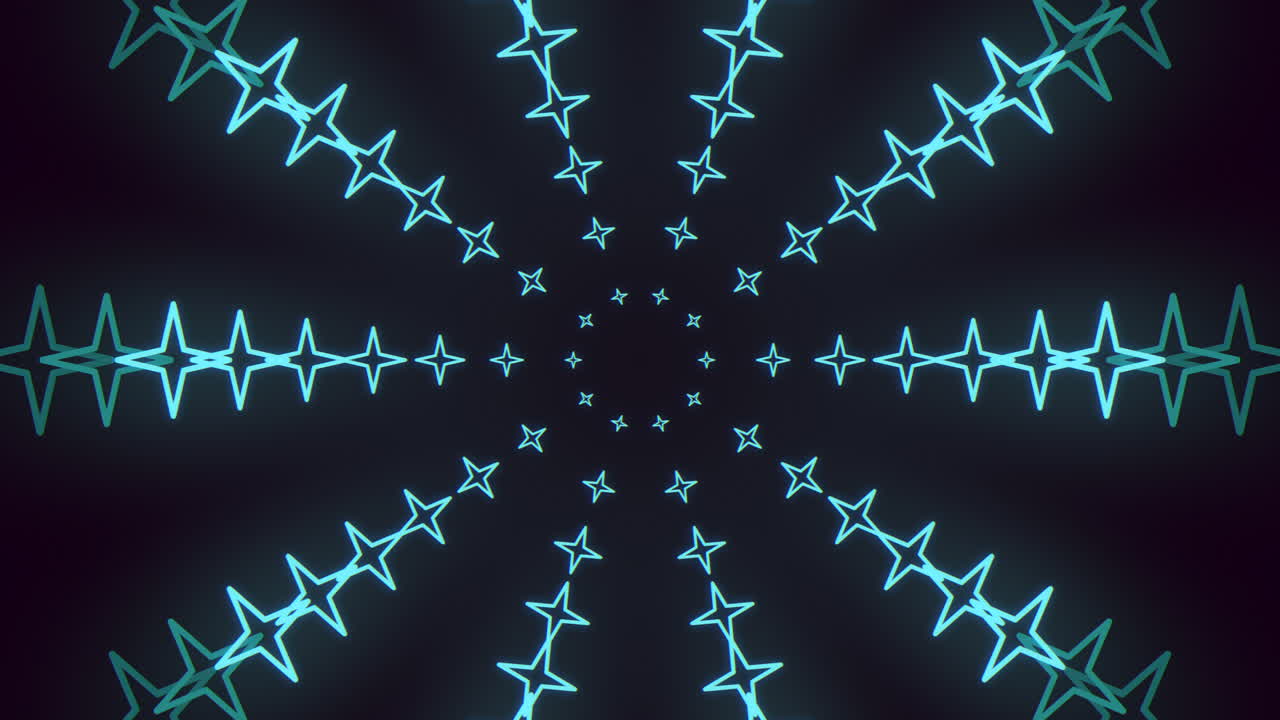 A futuristic pattern of glowing blue stars arranged symmetrically in a circular design on a dark background, each pointing toward the center, creating a visually striking and captivating aesthetic
