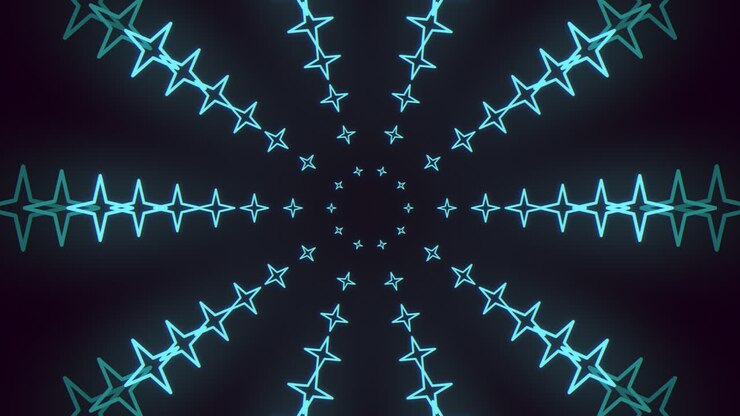 A futuristic pattern of glowing blue stars arranged symmetrically in a circular design on a dark background, each pointing toward the center, creating a visually striking and captivating aesthetic