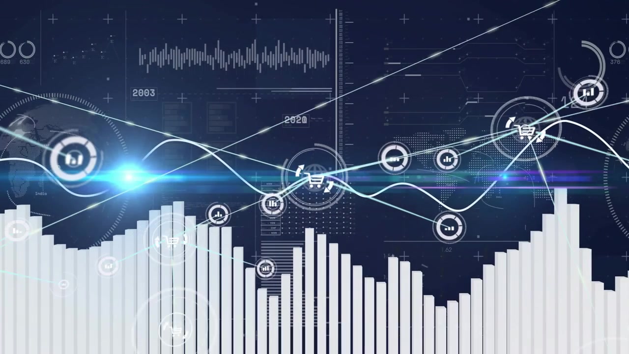 Animeret e-handels-HUD modtager datafeed, med udvidende noder og pulserende spektrum, der analyserer salg.