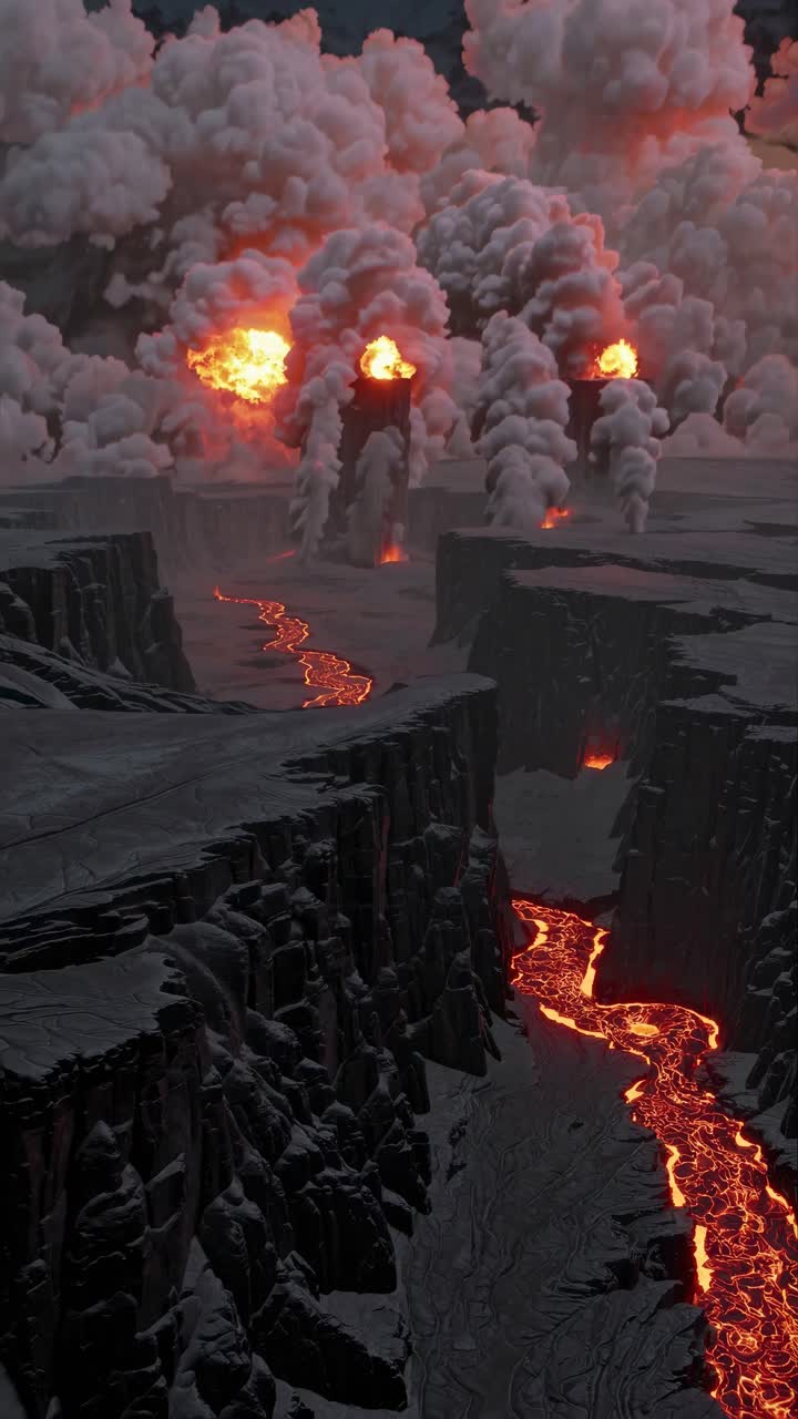 Aerial view of a dramatic volcanic landscape with glowing lava and smoke
