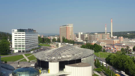 Business-district-in-Brno,-moravian-city-in-Czechia,-static-drone-shot