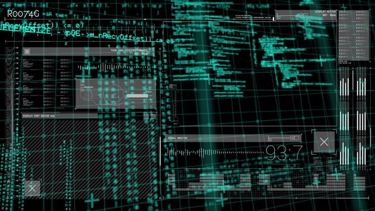 Animation of science data processing over dark background