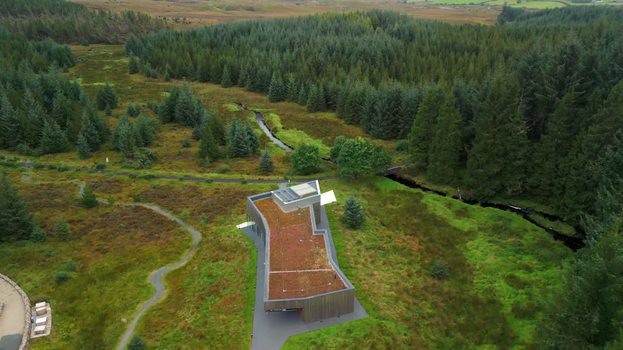 Wide travelling 4K 60FPS aerial video of OM Dark Sky Park and Observatory in Davagh Forest, Omagh in Northern Ireland. Produced with broadcast ready Rec709 color