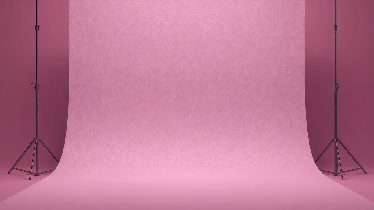 Pevně držené růžové zakřivené pozadí po nastavení ve studiu, ukazující dva stojany, připravené k focení.