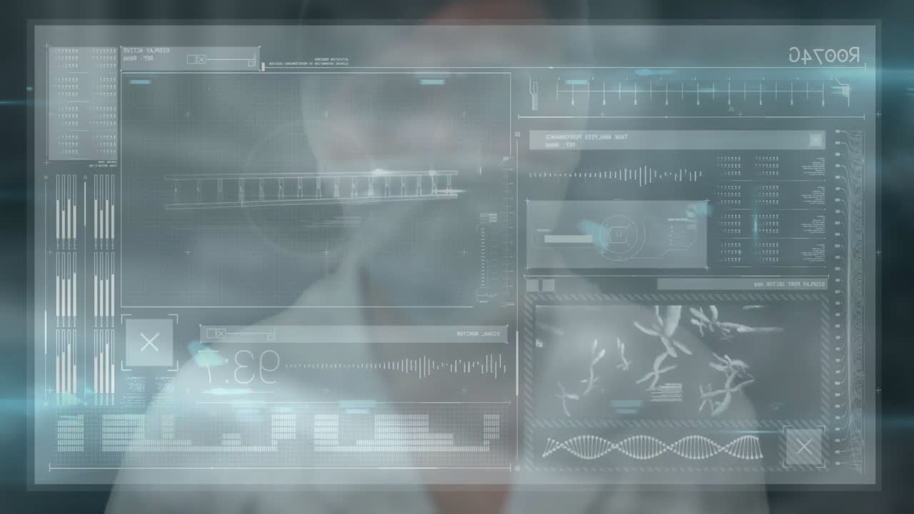 Displaying animation, futuristic digital interface with data and graphs on screen