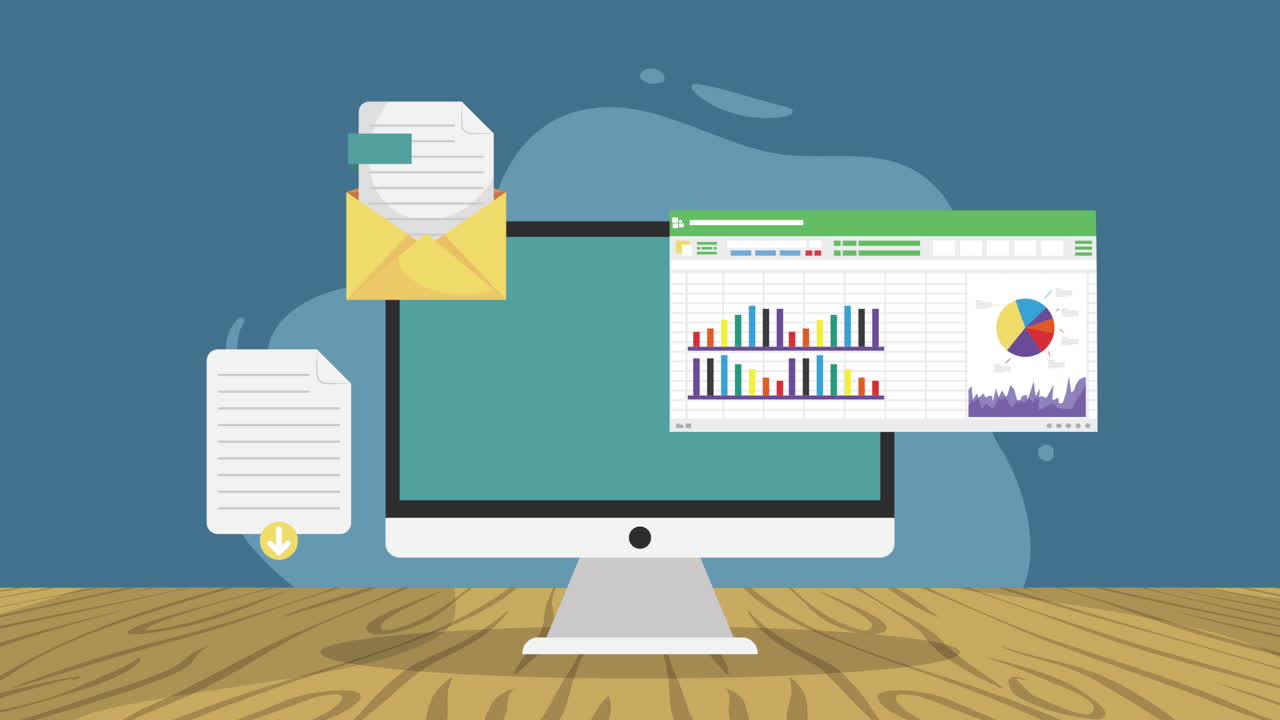 desktop with documents statistics animation