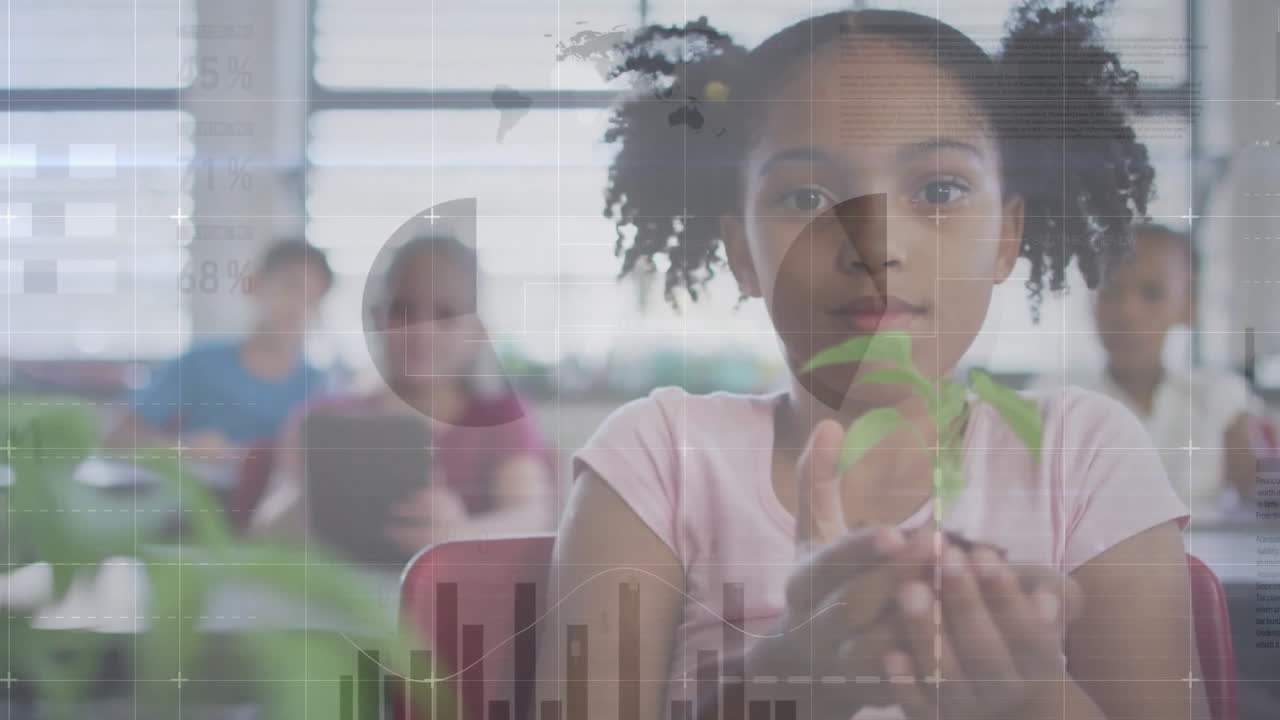Animation of financial data processing over african american schoolgirl holding seedling