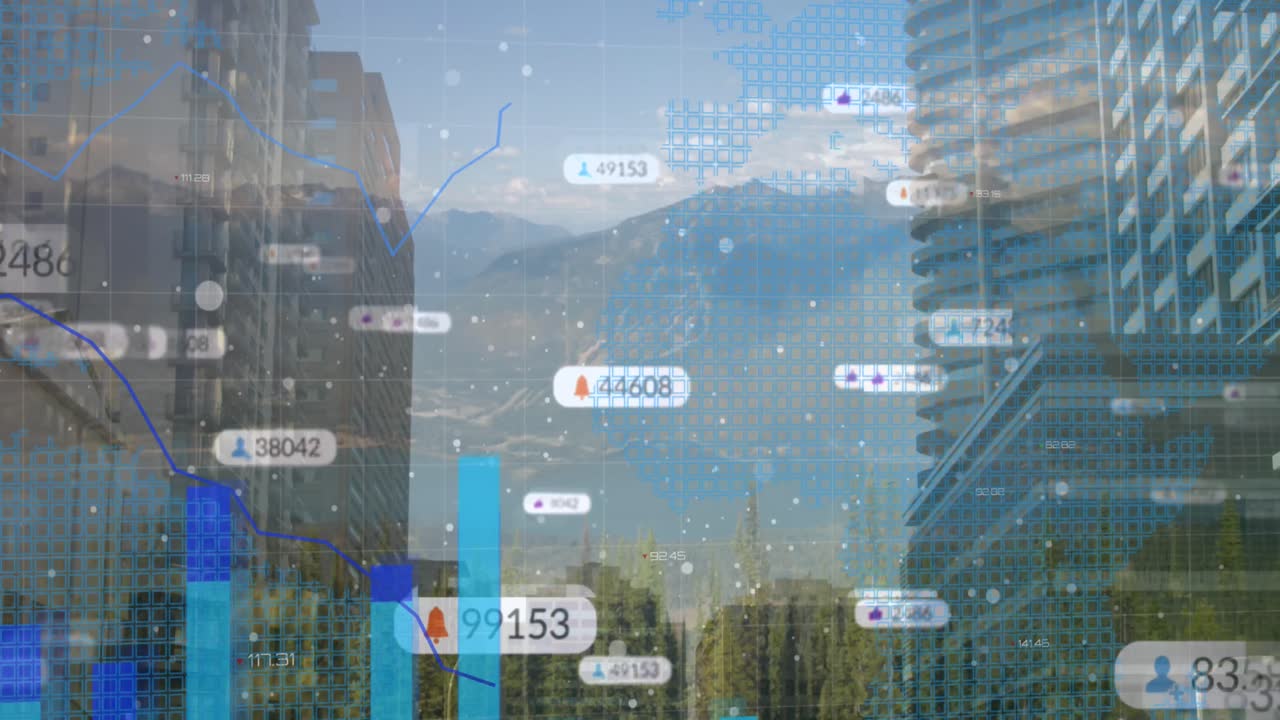 도시 풍경 위의 데이터 처리 애니메이션