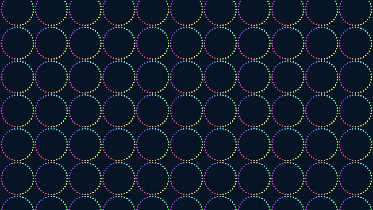 Abstract footage of multicolor dotted rings forming a repeating grid on a dark blue background, creating a modern geometric pattern for tech, music, or event visuals