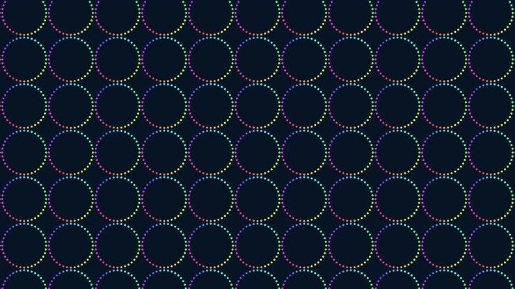 Abstract footage of multicolor dotted rings forming a repeating grid on a dark blue background, creating a modern geometric pattern for tech, music, or event visuals
