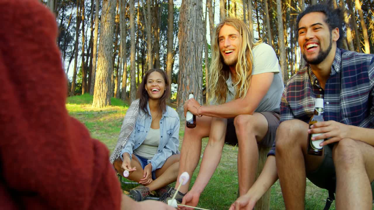 캠프불에서 마시멜로를 구운 행복한 친구들 4k