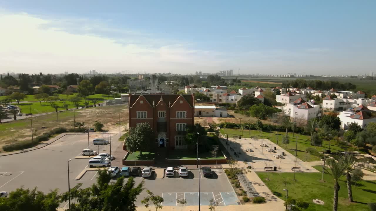 Aerial Dron Shot of replica of the '770' Brooklyn , New York, building with the same number of bricks as of the Chabad headquarters structure, Lubavitz is an Orthodox Jewish from in Kfar Chabad