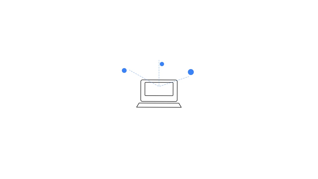 Animazione minimalista di un laptop con nodi di dati connessi