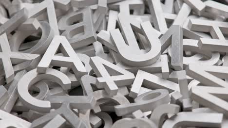 full frame close-up looped rotating background of silver metal letters with selective focus