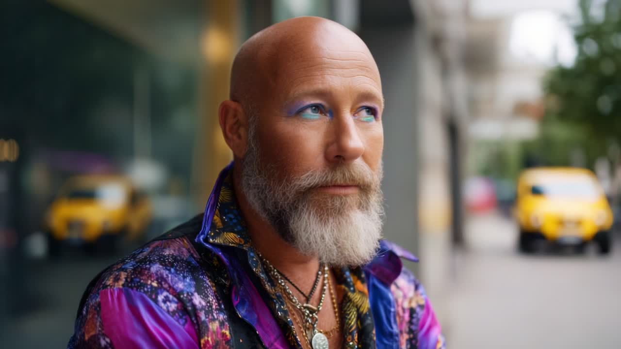 Portræt af en stilfuld person med et sprudlende outfit og unikke accessories fanget i et pulserende bymiljø, der viser personligt udtryk og stil