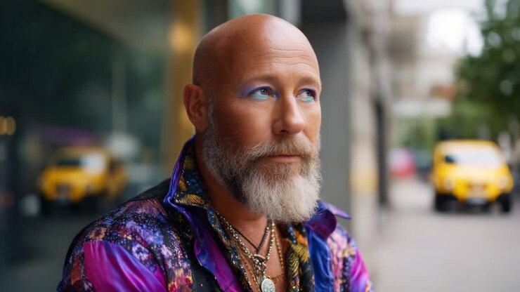 Ritratto di una persona alla moda con un abbigliamento vivace e accessori unici, ripreso in un ambiente urbano luminoso, che mette in mostra l'espressione personale e lo stile.