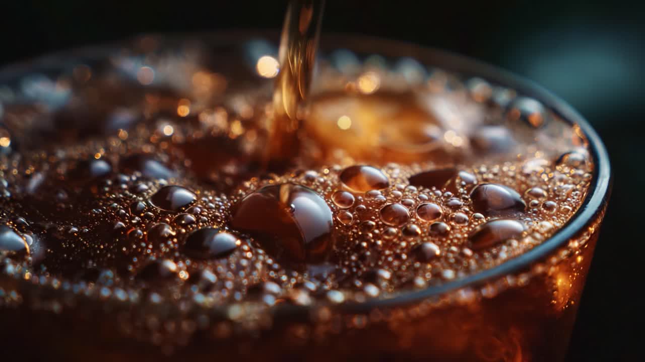 Close-up of Refreshing Bubbles and Liquid Pouring into a Glass, Capturing the Essence of Carbonated Beverage and the Satisfying Visuals of Soda Overflowing
