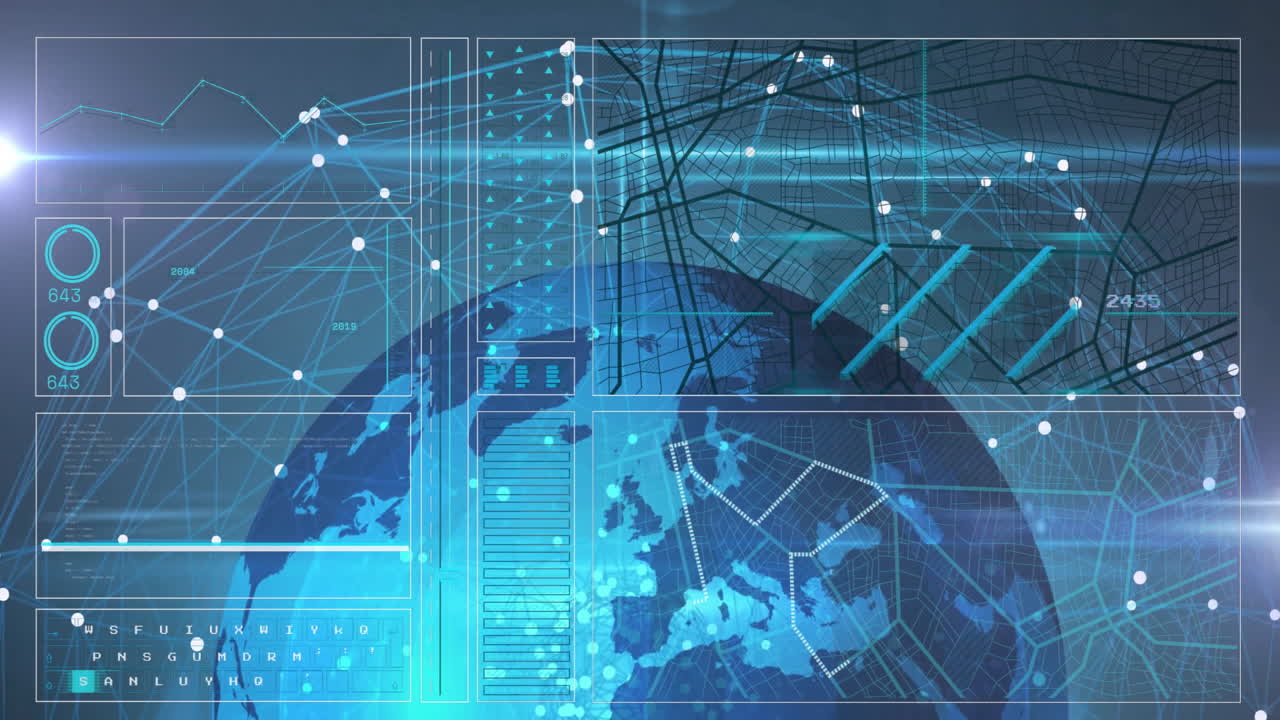 글로벌 네트워크 연결 및 디지털 세계 지도를 통해 데이터 처리 애니메이션