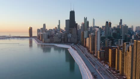 aerial view of chicago skyline in winter