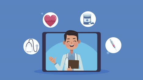 doctor in tablet with medical icons animation