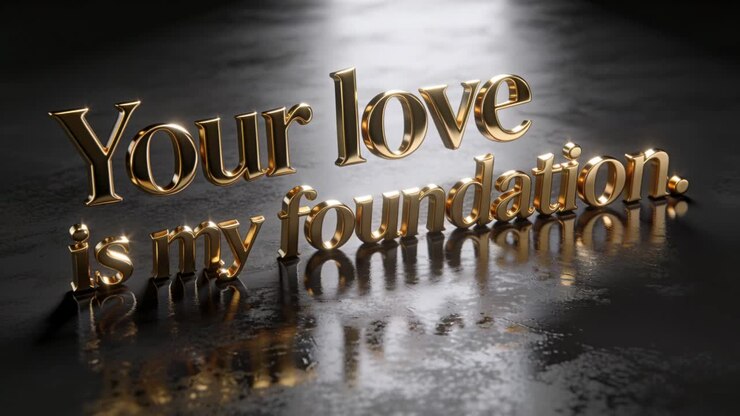 Starting camera dolly revealing 3D gold lettering in studio, wet floor, spotlight showing finish