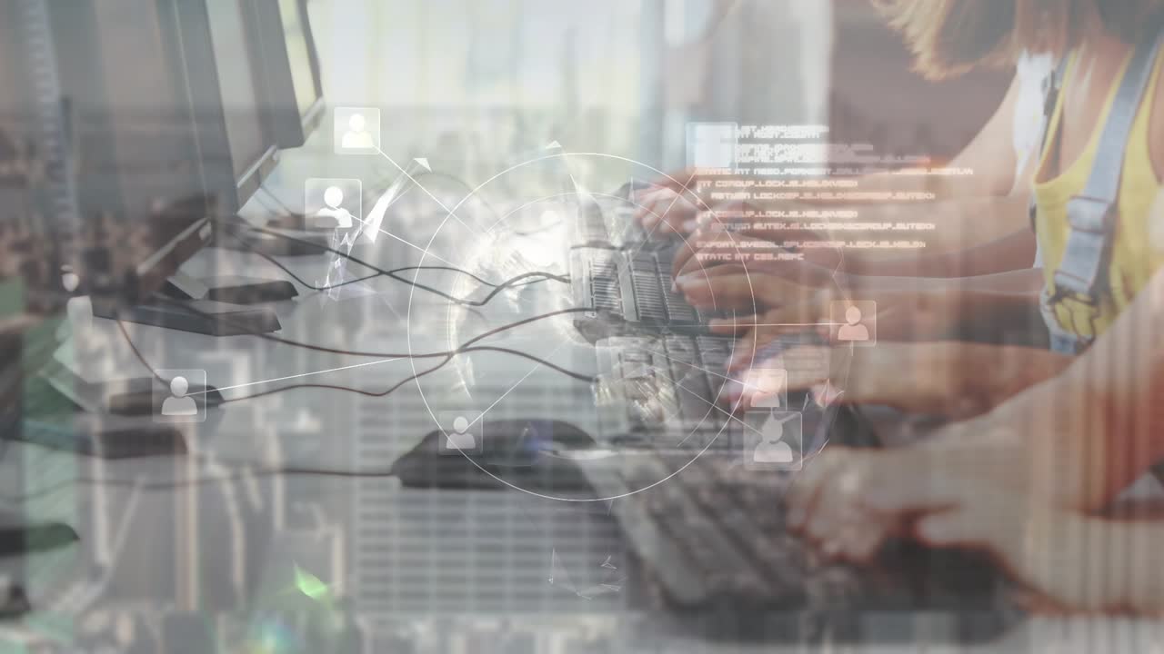 Animation of connections with globe over hands of diverse children using computers