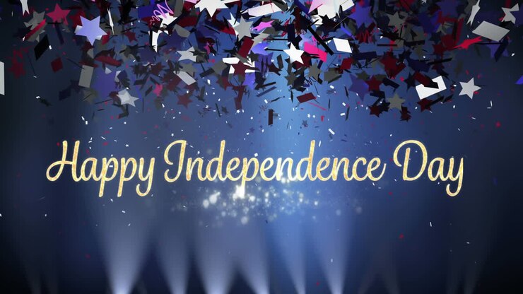 Happy Independence Day greeting with lights and confetti
