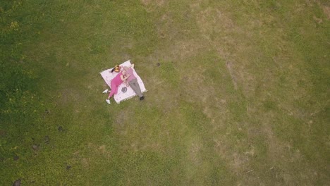 Family-weekend-picnic-in-park.-Aerial-view.-Senior-old-couple-lie-on-blanket-on-green-grass-meadow