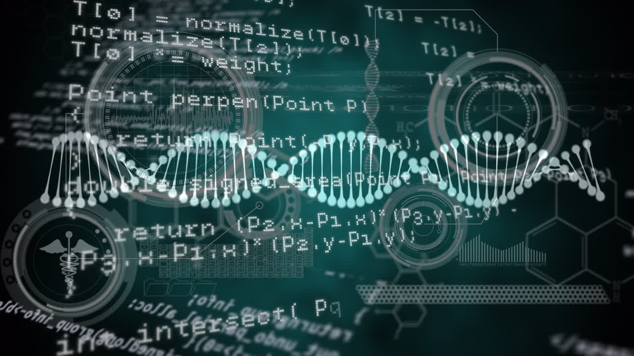 Animation of dna strand and data processing over black background