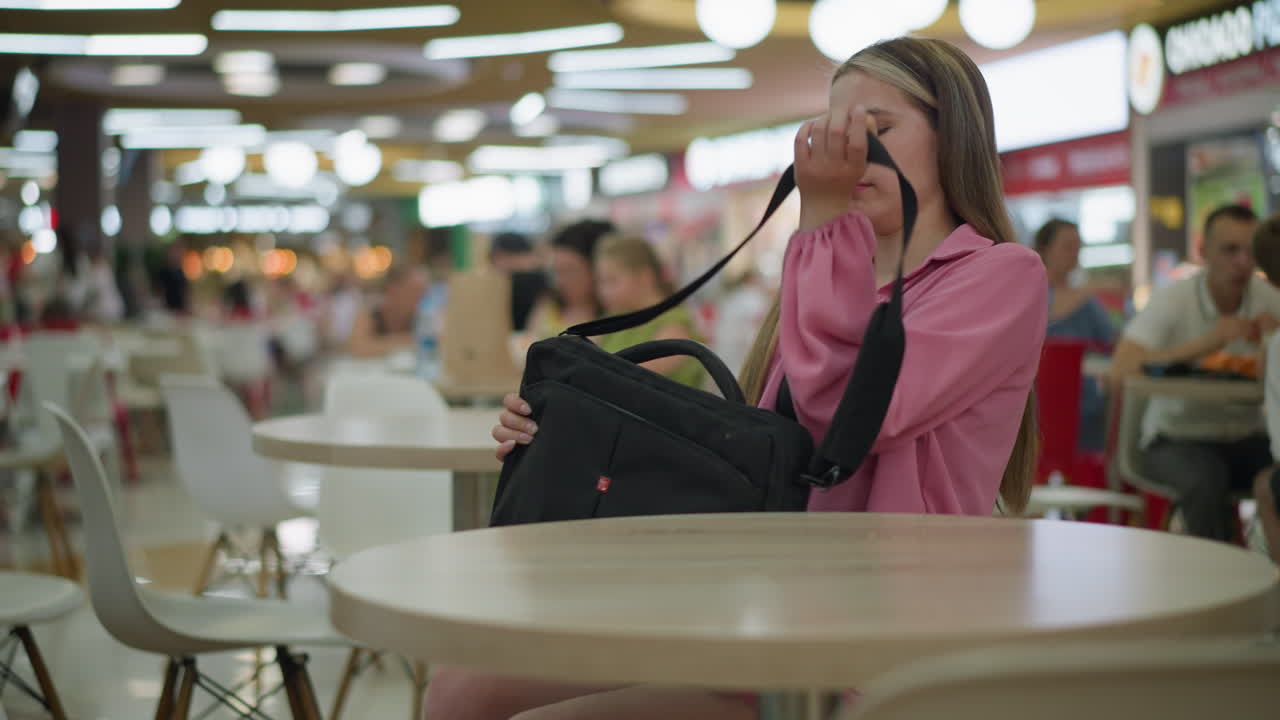 dama con una camiseta negra bajo una camisa rosa se sienta en el restaurante, abriendo su bolsa negra mientras otros comensales están borrosos en el fondo, el restaurante está bien iluminado con la gente en el fondo