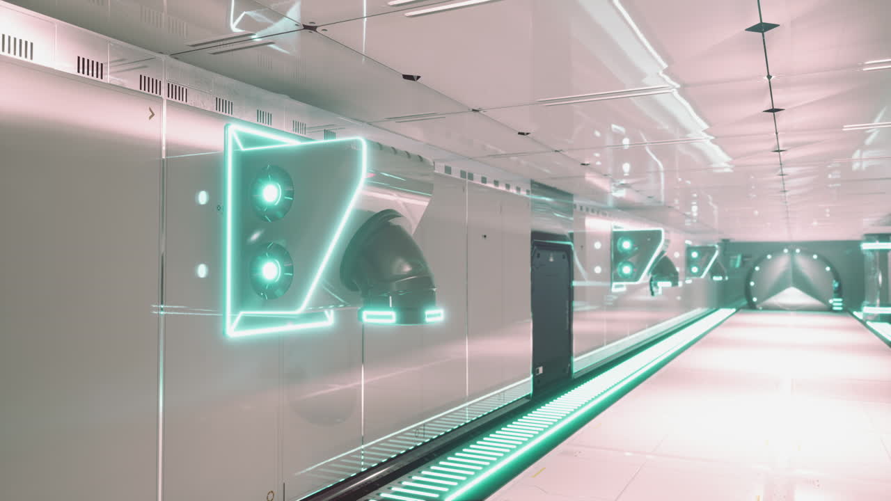 초록색 불을 가진 미래의 우주선 복도