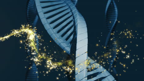 dna strand with glowing particles swirling around in scientific animation