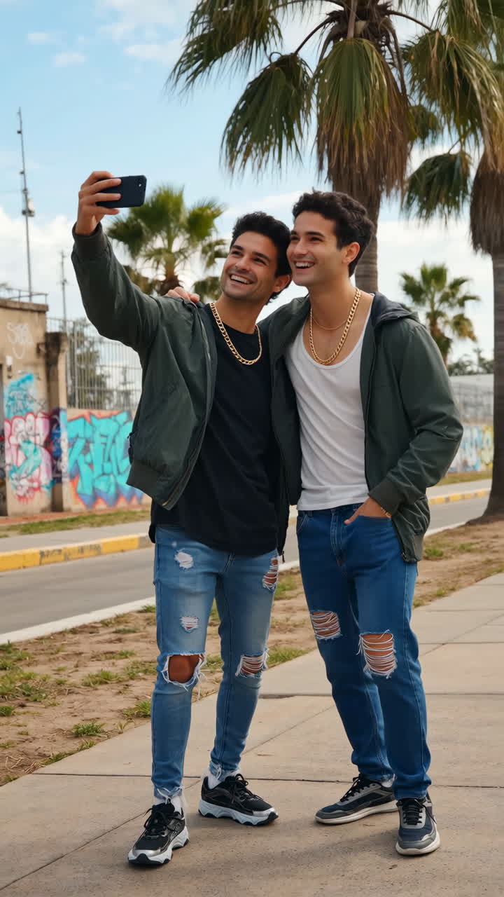 Two Happy Young Men Taking a Selfie Outdoors