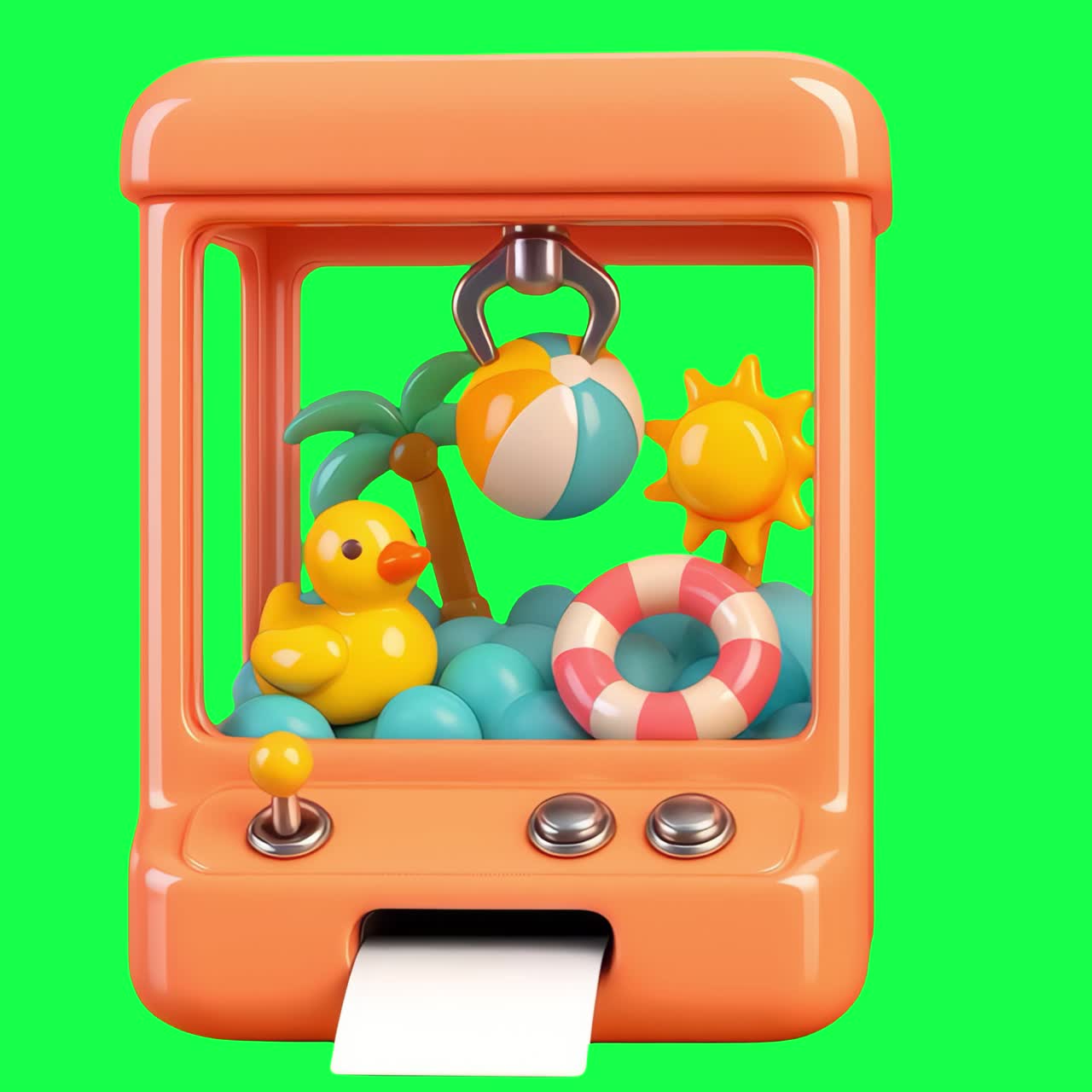 Colorful toy claw machine animation, transparent 4K video, green screen