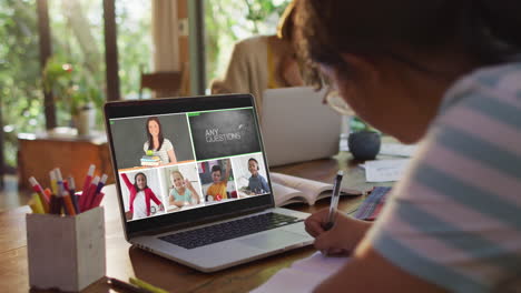 schoolgirl using laptop for online lesson at home, with diverse teacher and class on screen