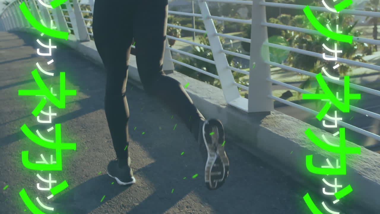 Running on bridge, person with green text animation overlay
