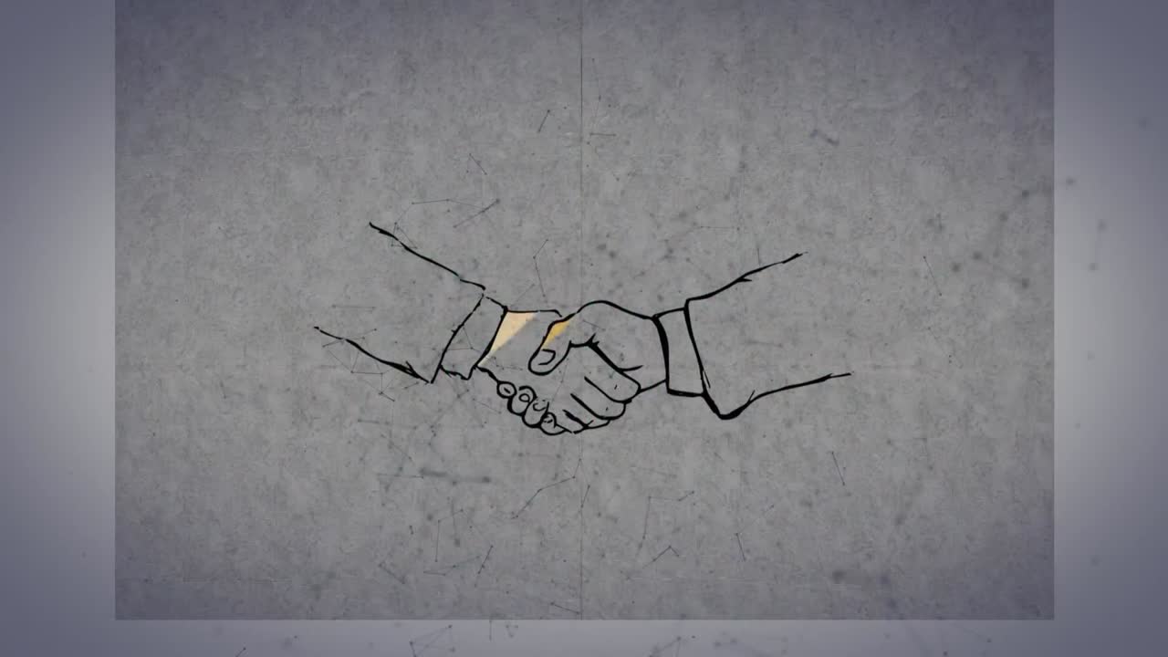 Animation of hands of two formally dressed business people shaking hands, over grey texture