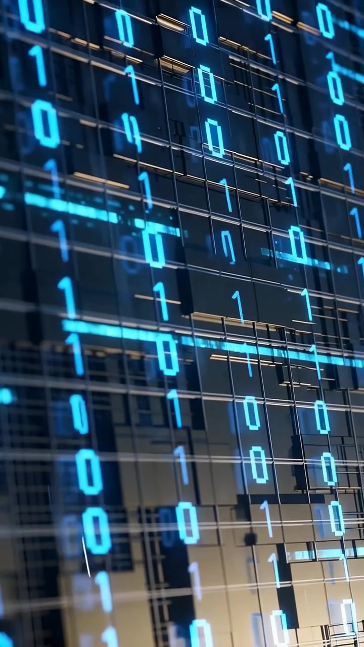 Vertical video: Streaming blue binary digits from frame one, cascading over panel grid showing flow