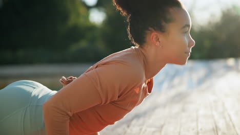 happy woman, yoga and stretching body in nature